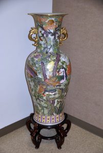 This Satsuma Style Peacock Vase, which is on permanent display in the hallway of the Gladys Woods Kemper Center for the Arts, is part of the art collection donated by the Ruthenbergs.