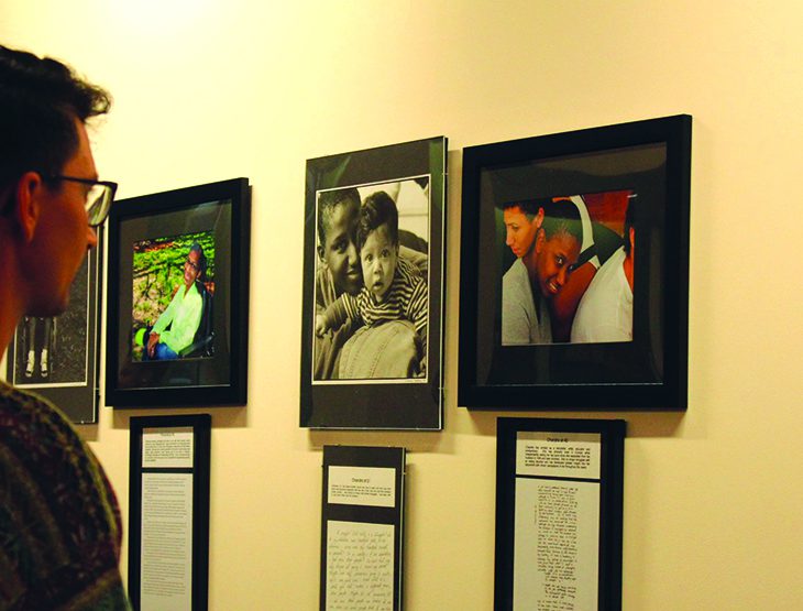 Male observing art in gallery