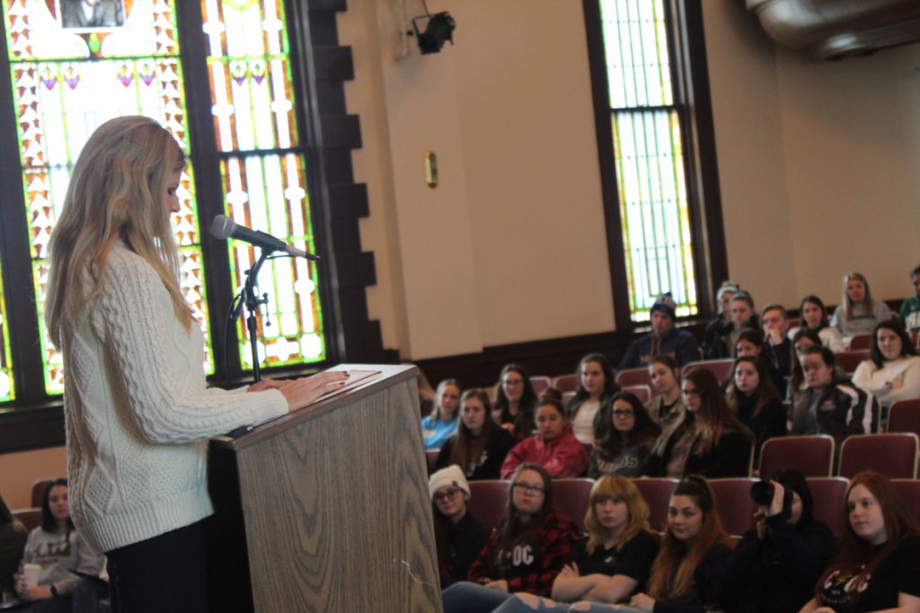 Photo of Kristina Baum speaking to WWU students